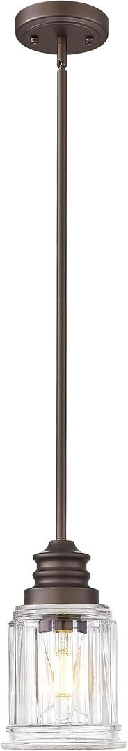 Farmhouse Pendant Light for Kitchen Island, HWH Oil-Rubbed Bronze Finish Pendant Light, Single 1-Light Hanging Light Fixture, Bell-Shaped Fluted Clear Glass, 5HZG106MIL-L ORB