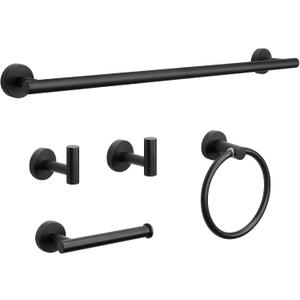 NearMoon 5 Pieces Bathroom Hardware Set SUS304 Thicken Stainless Steel-Towel Rack Kit Include 24" Towel Rod + Bath Towel Ring + Toilet Paper Holder + Robe Towel Hooks Bath Accessories (Matte Black)