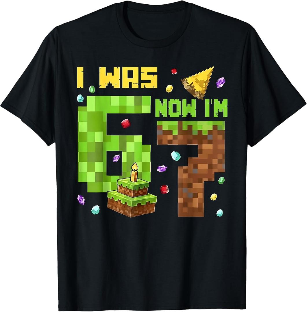 I was 6 Now I'm 7 Funny Pixel Block Gamer 7th Birthday T-Shirt, Small