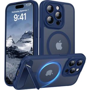 Magnetic Compatible with iPhone 15 Pro Case, [Built-in Kickstand][Full Camera Protection][Compatible with MagSafe][Anti-Fingerprint] Shockproof Phone Case for iPhone 15 Pro 6.1",Blue