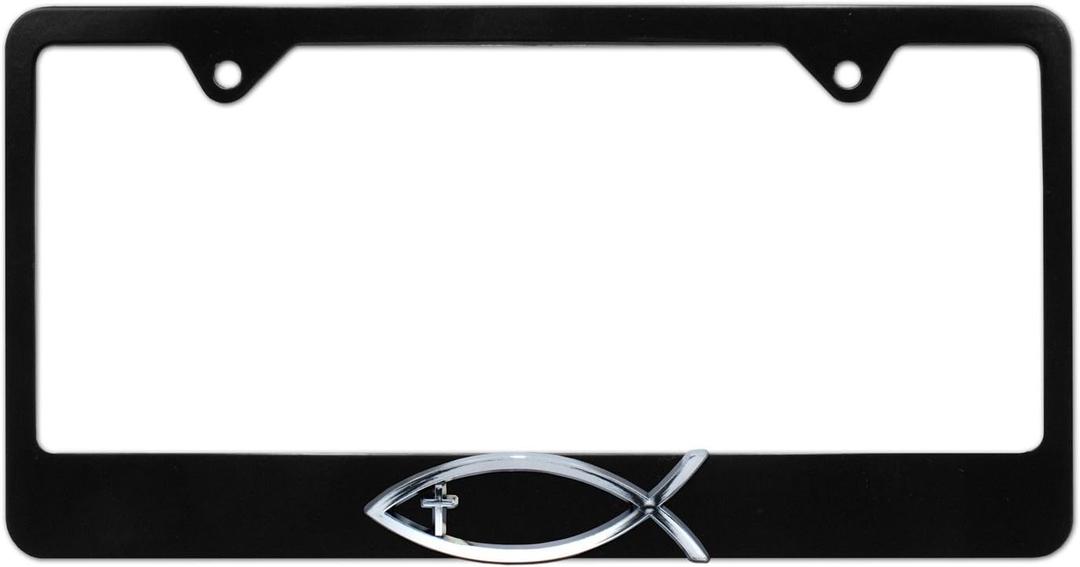 Elektroplate  Chrome Christian Fish Ichthys with Cross on Black All-Metal Standard Size Premium 3D License Plate Frame Tag Holder for Cars/SUVs/Trucks Weather-Proof Automotive Accessory