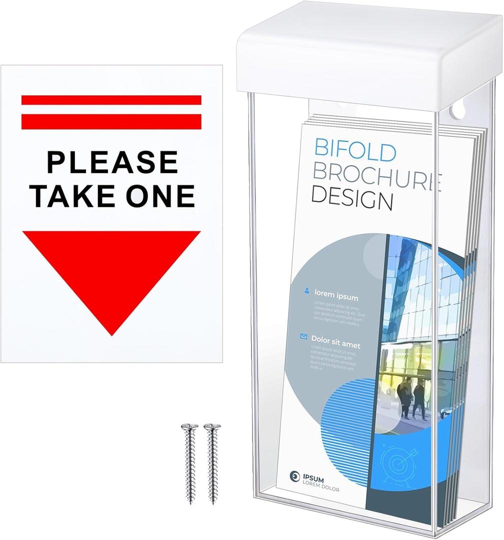 Remerry 1 Pcs Outdoor Brochure Holder 4 x 9 Inch Waterproof Wall Mount with Take One Sticker Literature Box with Clear Pamphlet Holder Acrylic Brochure Flyer Display Map Menu Envelope (Classic White)