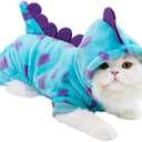 Dinosaur Pet Costume Hooded Jumpsuit for Small Dogs Cats, Soft Flannel Warm Four-Legged Clothing with Leash Hole, Funny Cosplay Outfit for Easter Halloween Christmas (Small, Dinosaur)