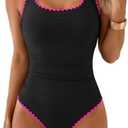 Aidonger Women's One Piece Swimsuit Tummy Control Ruched Bathing Suit Color Block Modest Sports Swimwear, Medium