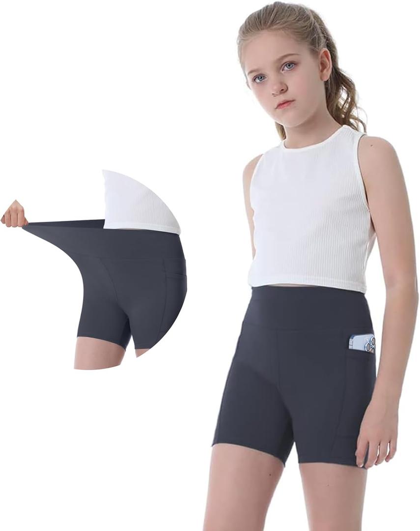Girls Biker Shorts Kids Yoga Shorts High Waisted Spandex Athletic Running Volleyball Shorts with Pockets (Gray, M)