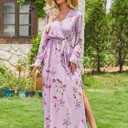 ANRABESS Womens Long Sleeve Floral Maxi Dress Boho Flowy Wrap Slit V Neck Beach Fall Wedding Guest Party Vacation Dresses Floral Purple X-Large (XL)