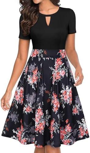 YATHON Women's Vintage Floral Flared A-Line Swing Casual Party Dresses with Pockets, Large
