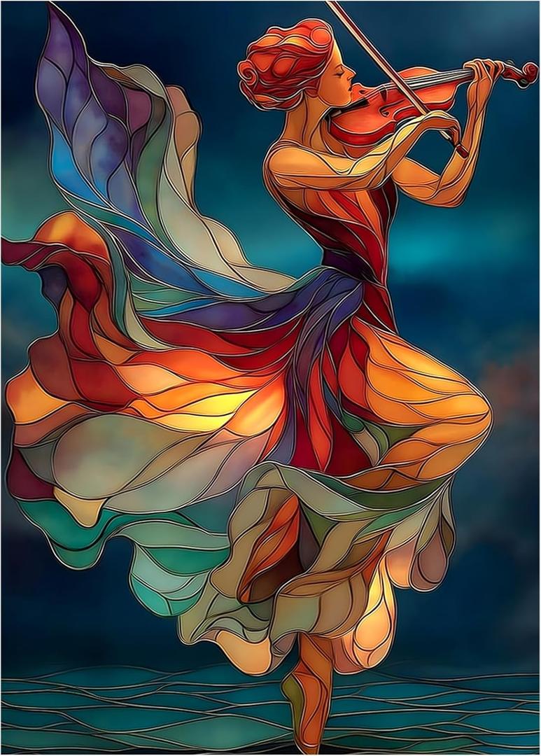 PICKFORU Stained Glass Puzzle Elegant Lady Puzzles for Adults 1000 Pieces, Beautiful Woman Playing Violin Dance Jigsaw Puzzle, Colorful Aesthetic Art Challenging Puzzles for Adults