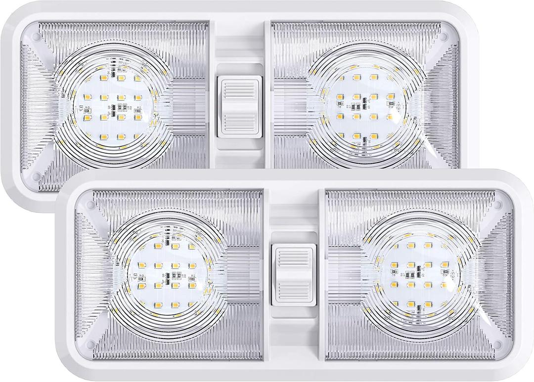 Leisure LED 2 Pack RV LED Ceiling Double Dome Light Fixture with ON/Off Switch Interior Lighting for Car/RV/Trailer/Camper/Boat DC 11-18V Natural White (Natural White 4000-4500K, 2-Pack)