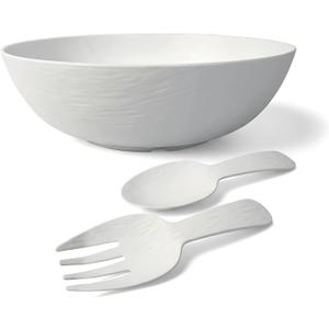 TP Melamine Salad Bowl with Utensils, 12-Inch Large Serving Bowl for Fruits Snacks Pasta, White