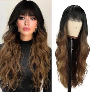 Vomella Black to Brown Wig With Bangs 26 Inch Long Curly Wavy Wig for Women Natural Looking Synthetic Heat Resistant Wig for Daily Party Use