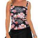 Aleumdr Women Vintage Tummy Control Two Piece Tankini Swimsuits Swimdress Push up Swimwear Bathing Suits, Extra Large, Black Print 