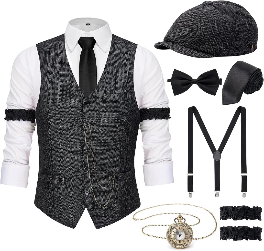 YESSA 1920s Mens Costume,Roaring 20s Costumes for Men,Gatsby Costume Men,1920s Mens Outfit Hat Vest Pocket Watch Tie