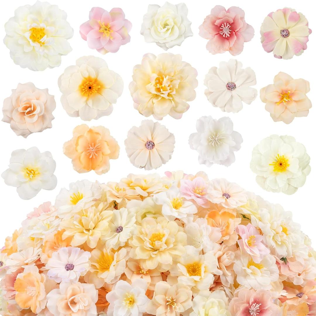 ATTGREAT 210 Pcs Mini Silk Flower Heads Small Fake Rose Daisy Faux Flowers Bulk for Crafts Artificial Loose Fabric Flowers Heads Sunflower Bulk for Wedding Hair Cap Dresses Decorations, Cream