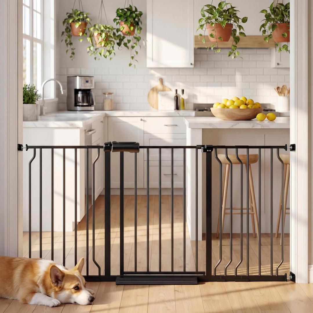 TSAYAWA Extra Wide Baby Gate with Door, 52.76~62.2 Inch Wide Presure Mounted No Drill Metal Auto Close Child Gate for Stair Doorway - Indoor Outdoor Safty Gate for Toddler Dog Doggie, Black