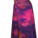 ECOWISH Long Sleeve Midi Formal Dress Women Fall Ruched Bodycon Party Cocktail Club Mesh Dresses Crewneck Floral Tie Dye Slit (Purple, S)