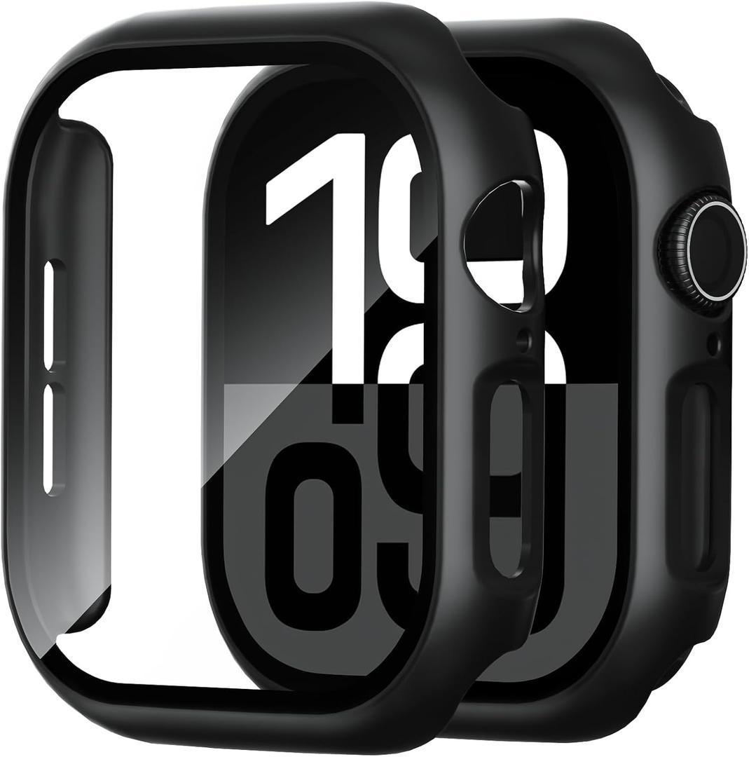 2 Pack Case for Apple Watch Screen Protector, Hard PC Case with Tempered Glass Protective Cover Guard Bumper, Slim Apple Watch Cover for iWatch Series 11 Series 10 - Black/Black 42mm