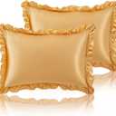 SiinvdaBZX Ruffled Queen Satin Pillowcase Set of 2, Gold Silky Satin Pillow Cases for Women Ruffle Pillow Shams Covers Princess Room Decoration, with Envelope Closure
