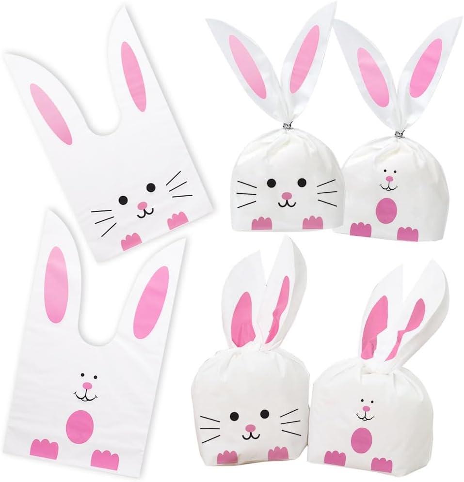 Shindel 100PCS Cute Easter Goodie Bags, 9 x 5.1 Inch Bunny Treat Bags for Cookie Snack Packaging Supplies