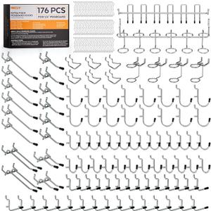 INCLY 176PCS Extra Thick Pegboard Hooks, 1/4" Heavy Duty Metal Peg Board Hooks Assortment with Peg Locks Pegboard Accessories Kit for Garage Wall Organizer Hanging Tools (Silver)