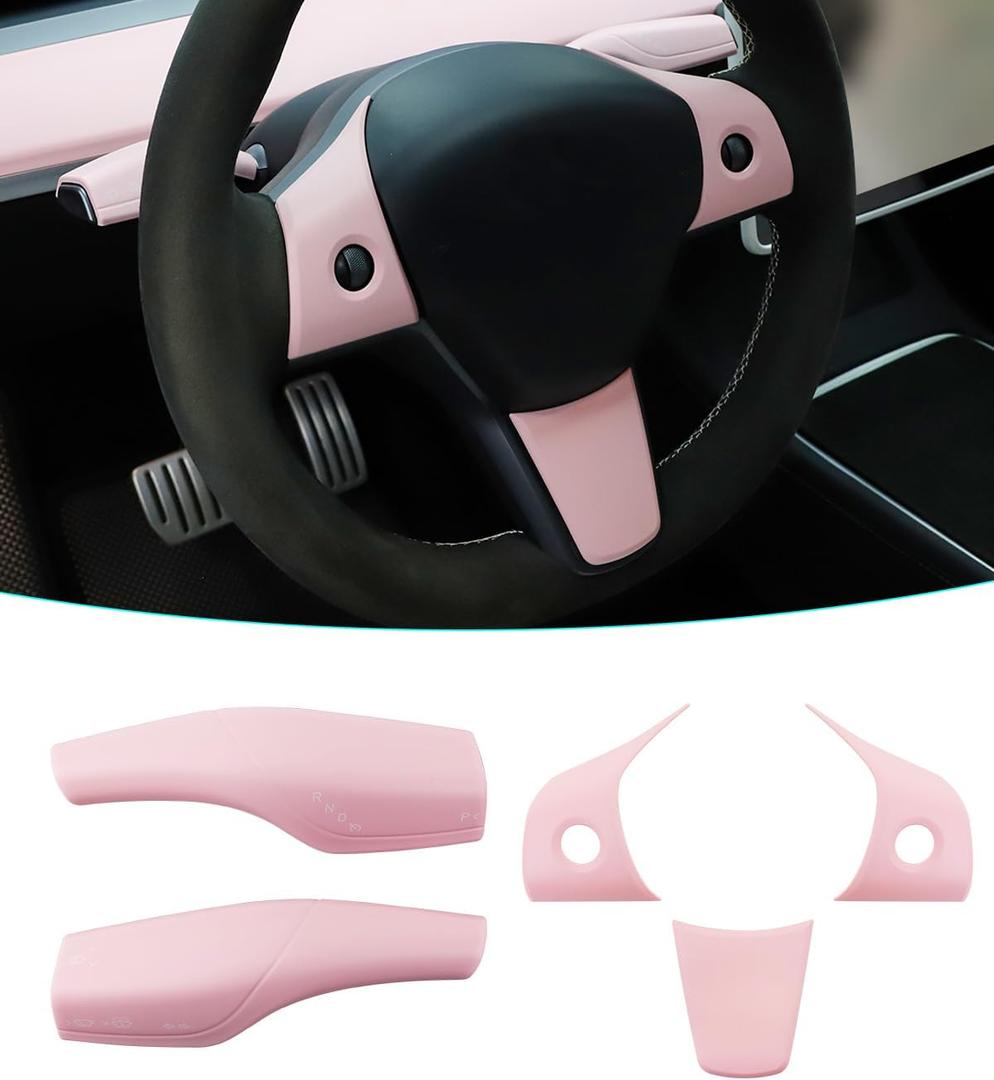 Pink Gear Shift Lever Cover and Steering Wheel Cover Compatible with Tesla Model Y/3 (Pink)