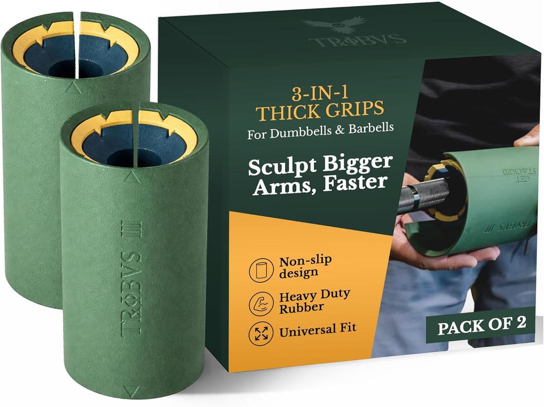 Tribus - Thick Grips for Dumbbells and Barbells, 2.05" & 2.44" Thick Dumbbell Grips for Men and Women, Extreme Arm & Forearm Builder Grip Strength, Barbell Grip for Weight Lifting