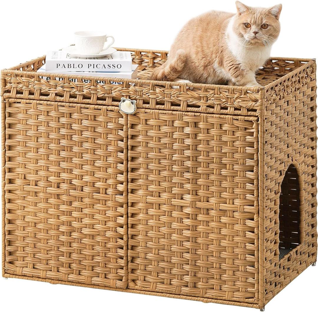 Cat Litter Box Enclosure Furniture, Handwoven Rattan Hidden Litter Box with Mat, Large Space Cat House with 2 S-Shaped Hooks 30.3 x 18.3 x 24.4 Inches, Indoor for Living Room Apartment Natural