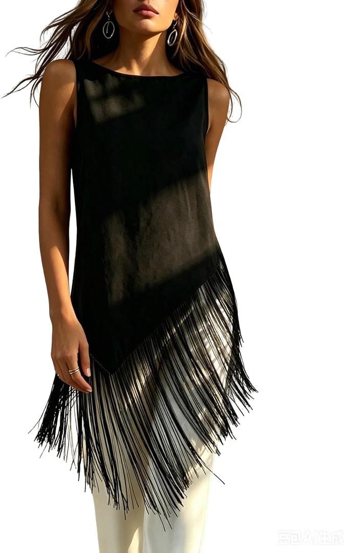 MakeMeChic Women's Crew Neck Fringe Hem Blouse Sleeveless Keyhole Back Fall Dressy Tank Tops (Black, M)