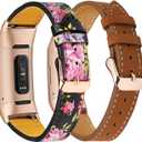 Leather Bands Compatible with Fitbit Charge 4/Charge 3, Replacement Accessories Wristband Straps for Women Men, Floral+ Frosted Brown (Standard(5.5"-8.0"))