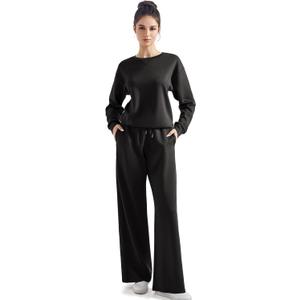 SUUKSESS Women Modal Fall 2 piece outfits Oversized Sweatshirt Wide Leg Pants (Large, Black)