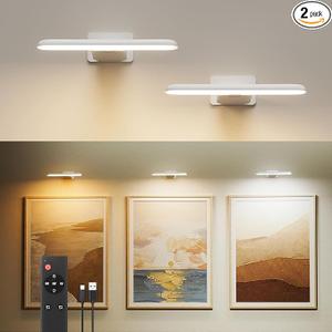 FULEN Picture Lights Battery Operated, Rechargeable Picture Frame Lights for Wall, LED Cordless Wall Lights for Arts,Paintings,Gallery&Dartboard,3 Color Temperatures, Remote Control,White,2 Pack