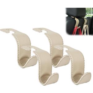 Amooca Car Seat Headrest Hook Universal Vehicle Storage Hanger Leather with Metal Car Seat Back Organizer for Handbag Purse Coat Beige 4 Pack