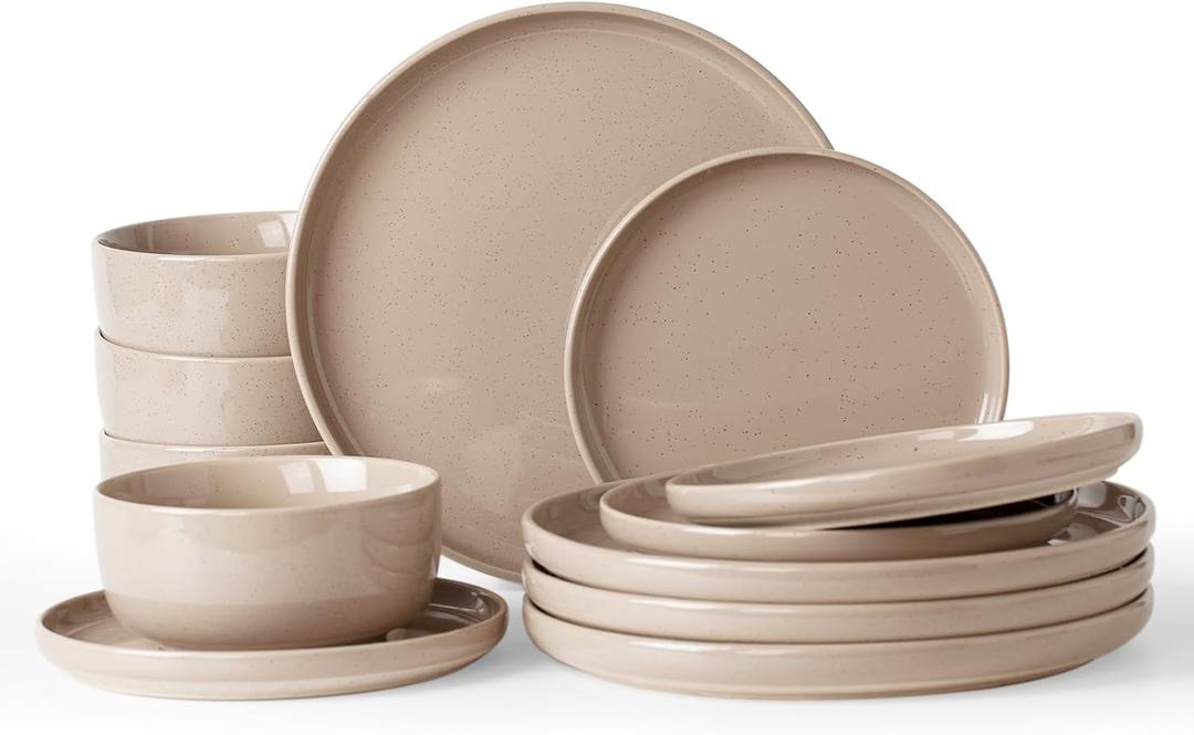 Famiware Milkyway Plates and Bowls Set, 12 Pieces Dinnerware Sets, Dishes Set for 4, Cinnamon Brown