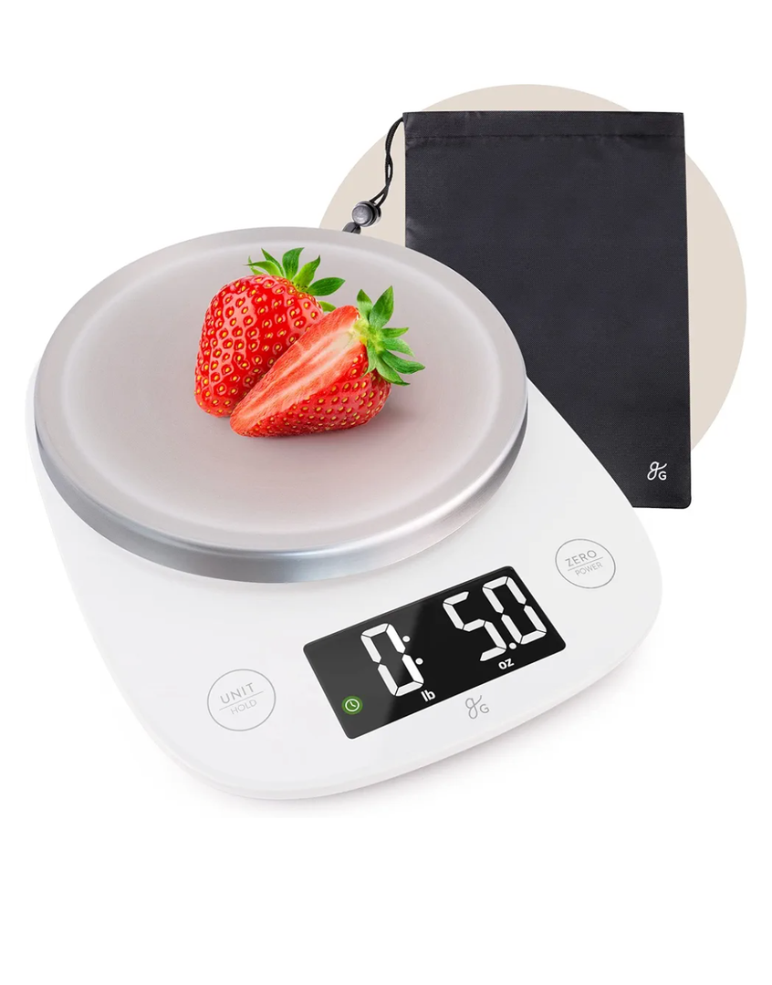 Greater Goods Digital Kitchen Scale with LCD Display, Weighs in Grams and Ounces, Batteries Included, Weighs up to 11 Pounds, White (No Bowl)