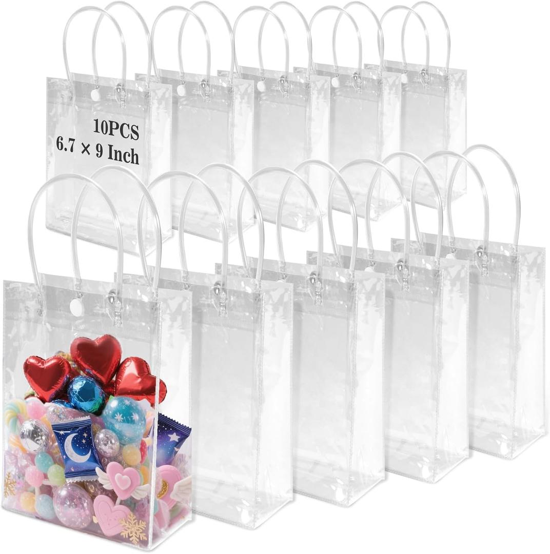 MAQIHAN 10 PCS Clear Goodie Bags with Handles - Plastic Party Favor Bag Reusable Transparent PVC Totes for Christmas Easter Valentine Wedding and Birthday(Medium Size 6.7 x 9 Inch)