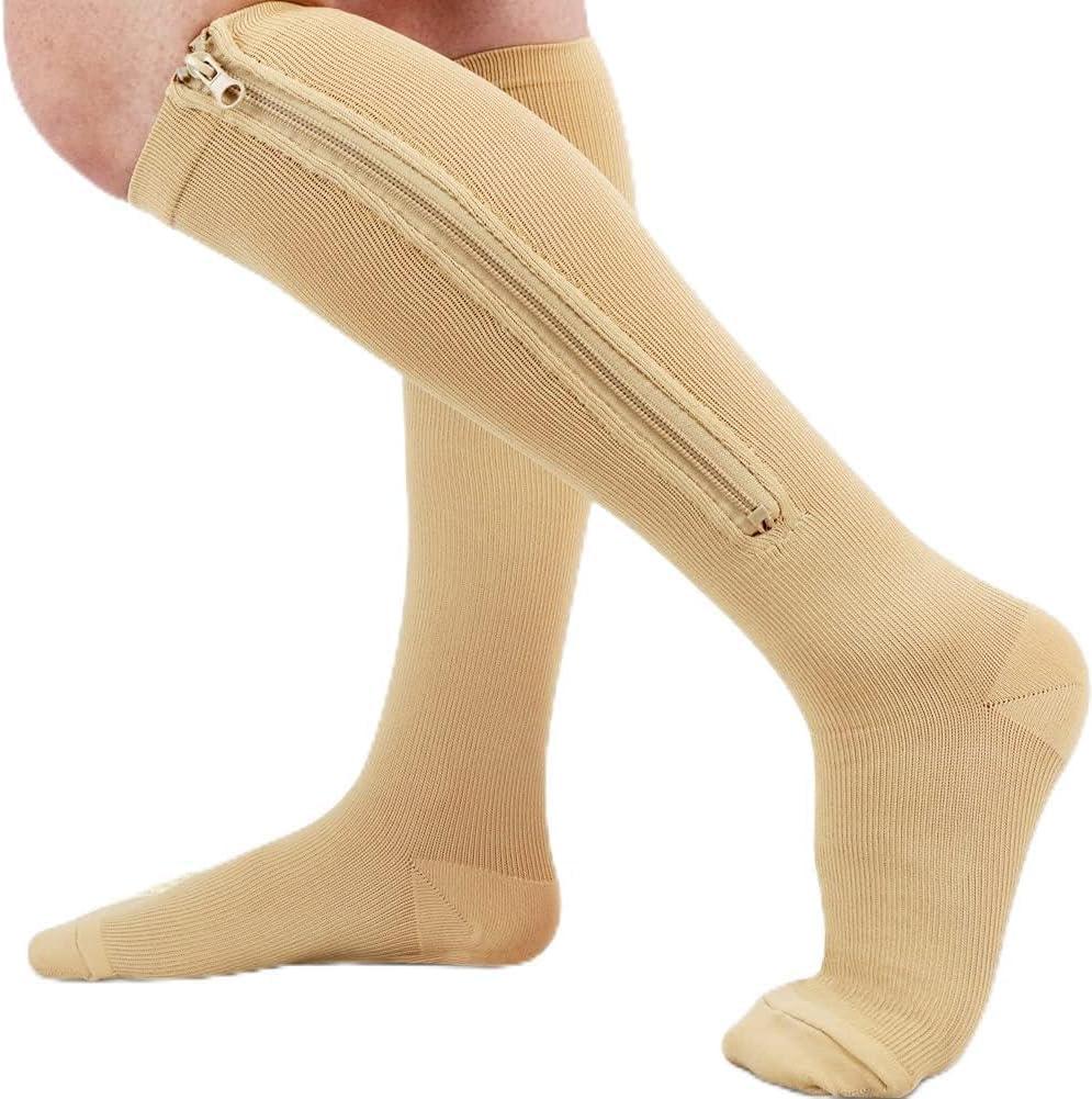 Ailaka Medical 15-20 mmHg Zipper Compression Socks Women Men (3X-Large (1 Pair), Beige)
