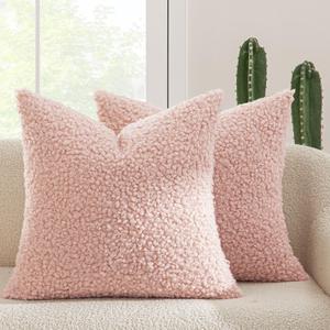 MIULEE Pack of 2 Pink Throw Pillow Covers 18x18 Inch Faux Fur Decorative Sherpa Boucle Pillow Covers Fuzzy Accent Soft Sheepskin Fleece for Boho Home Decor Couch Living Room Bed Valentines Day