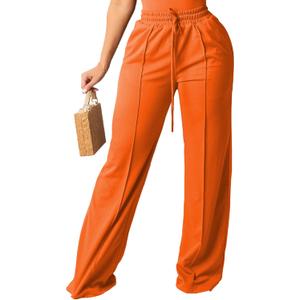 PINSV Women's Casual Wide Leg Pants High Waisted Drawstring Baggy Sweatpants Elastic Straight Leg Lounge Pants (Medium, 721 Orange)
