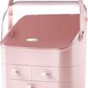 LINFIDITE Cosmetic Storage Box with Lid Waterproof&Dustproof Makeup Organizer Box Portable Handle,Large Makeup Display Case with Drawers Fully Open Lid,Great for Bathroom Countertop Bedroom Dresser (Pink)