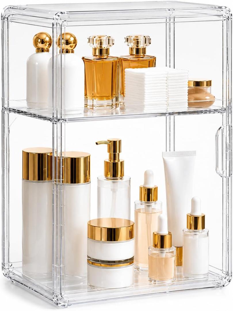 2-Tier Acrylic Storage Organizer with Magnetic Door, Clear Display Case for Makeup, Skincare, Collectibles, Perfume & Bathroom Countertop Storage