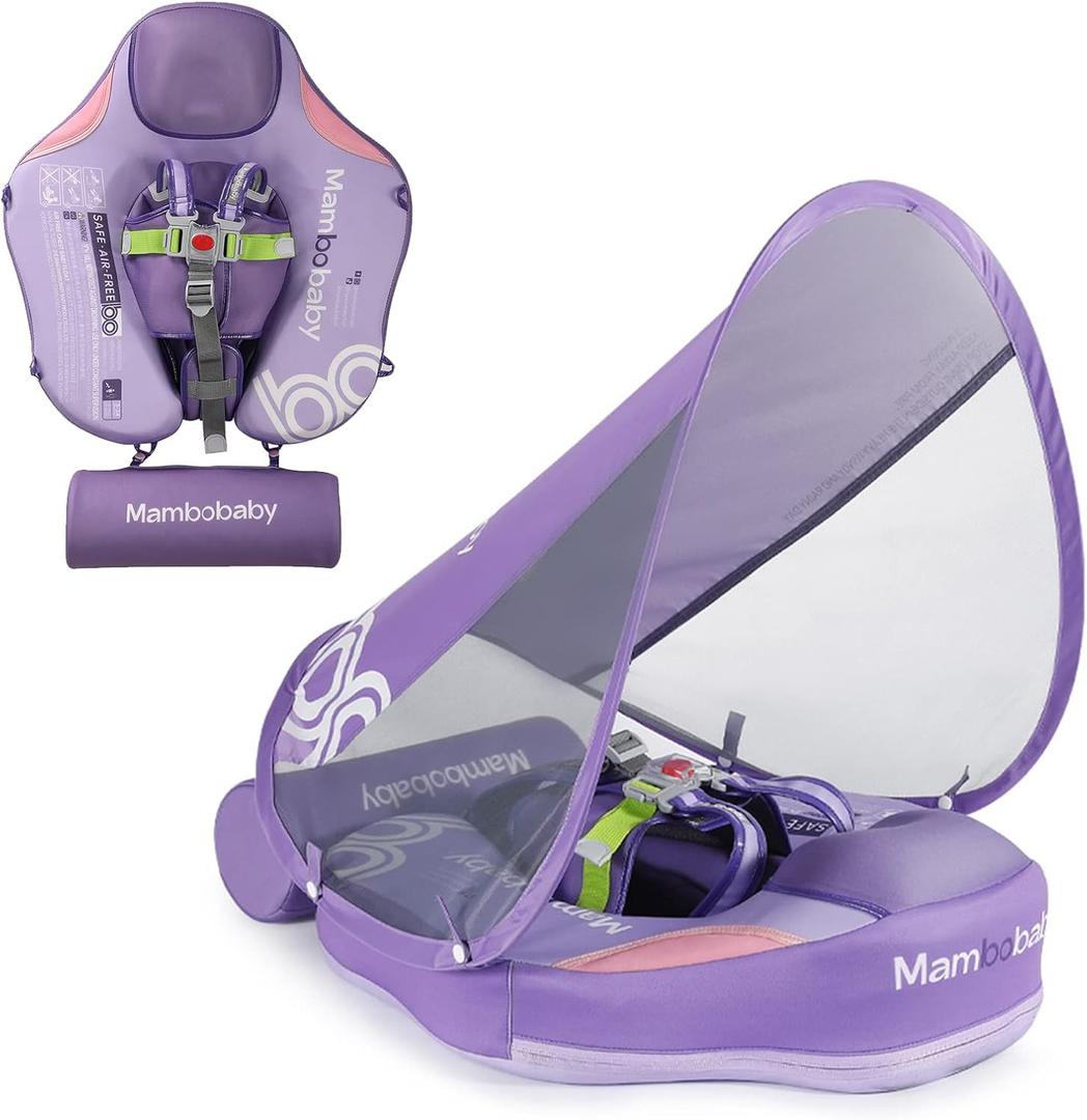 Add Tail Mambobaby Float with Canopy, Baby Floats for Pool Non-Inflatable Waist Float Swim Training Toy with UPF 50+ UV Sun Canopy (Contrast-Purple)