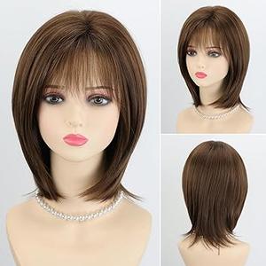 RENERSHOW Layered Mid-length Brown Bob Wig with Bangs Straight 12 inch Synthetic Hair Wigs for Women Mix Color Natural Average Size Daily Party Wig