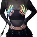GORGLITTER Women's Y2k Graphic Sheer Mesh Crop Top Reflective Long Sleeve See Through Goth Rave Going Out T-Shirt (Black)