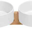 SPUNKYJUNKY Ceramic Dog and Cat Bowl with Wood Stand Non-Slip Matte Glaze Weighted Food Water Set for Cats &Small Dogs 13.5 OZ (1.7 CUPS, White  2)
