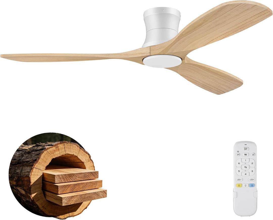 52 Wood Ceiling Fans with Lights Remote,Low Profile Flush Mount Ceiling Fan with Light,Outdoor Indoor Modern Ceiling fans for Bedroom Living room Patio,Light Wood&White,3 Blades,Dimmable LED,Quiet, 52-Remote Control