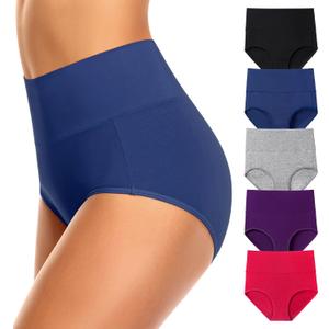 OLIKEME High Waisted Underwear for Women Tummy Control Cotton Panties Postpartum Ladies Briefs Multipack (Large, Multicolora-5pack)