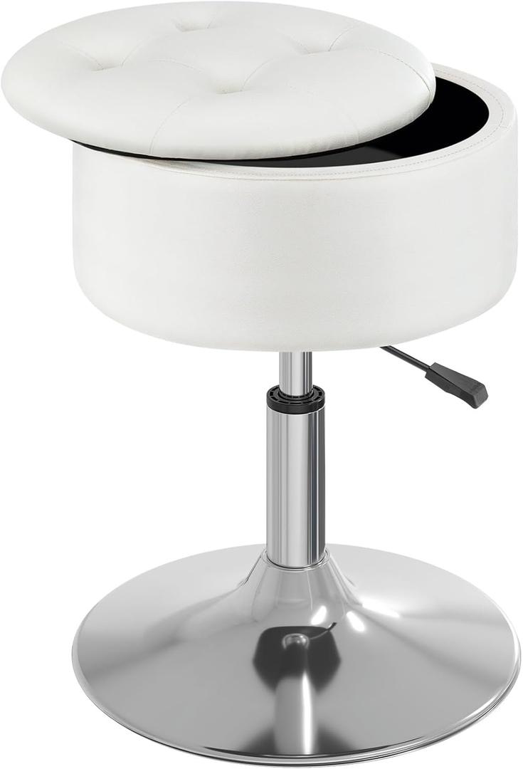 GREENSTELL Vanity Stool with Storage, 19" to 23" Height Adjustable PU Leather Vanity Chair, 360 Swivel Makeup Stool with Removeable Tray, Modern Ottoman for Bedroom Bathroom, White