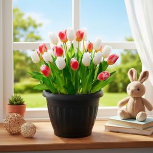 Artificial Tulips Flowers with Planter - Rose Pink & White Tulips Fake Flowers for Spring Summer Home Outdoor Porch Garden Valentine's Mother's Day