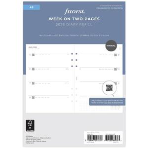 Filofax Calendar Diary Refill, A5 Size, Week-to-View, Minimal Diary Pack, White Paper, Multilingual: Five Languages, 2026 (C68590-26)