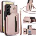 Asuwish Phone Case for Samsung Galaxy S22 5G RFID Wallet Cell Cover with Tempered Glass Screen Protector Crossbody Strap Credit Card Holder Slot Stand S 22 22S 4G G5 6.1 inch Women Men Rose Gold